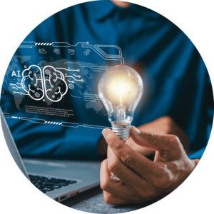 Organising Students BLOG - Using AI as a Learning Tool in Education: Supporting Students Without Replacing Learning - Image of a person, laptop, light bulb and future tech image of the brain