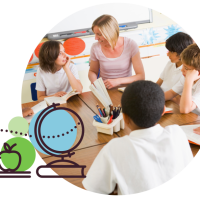 Organising Students Image of Primary school students having a discussion with a teacher